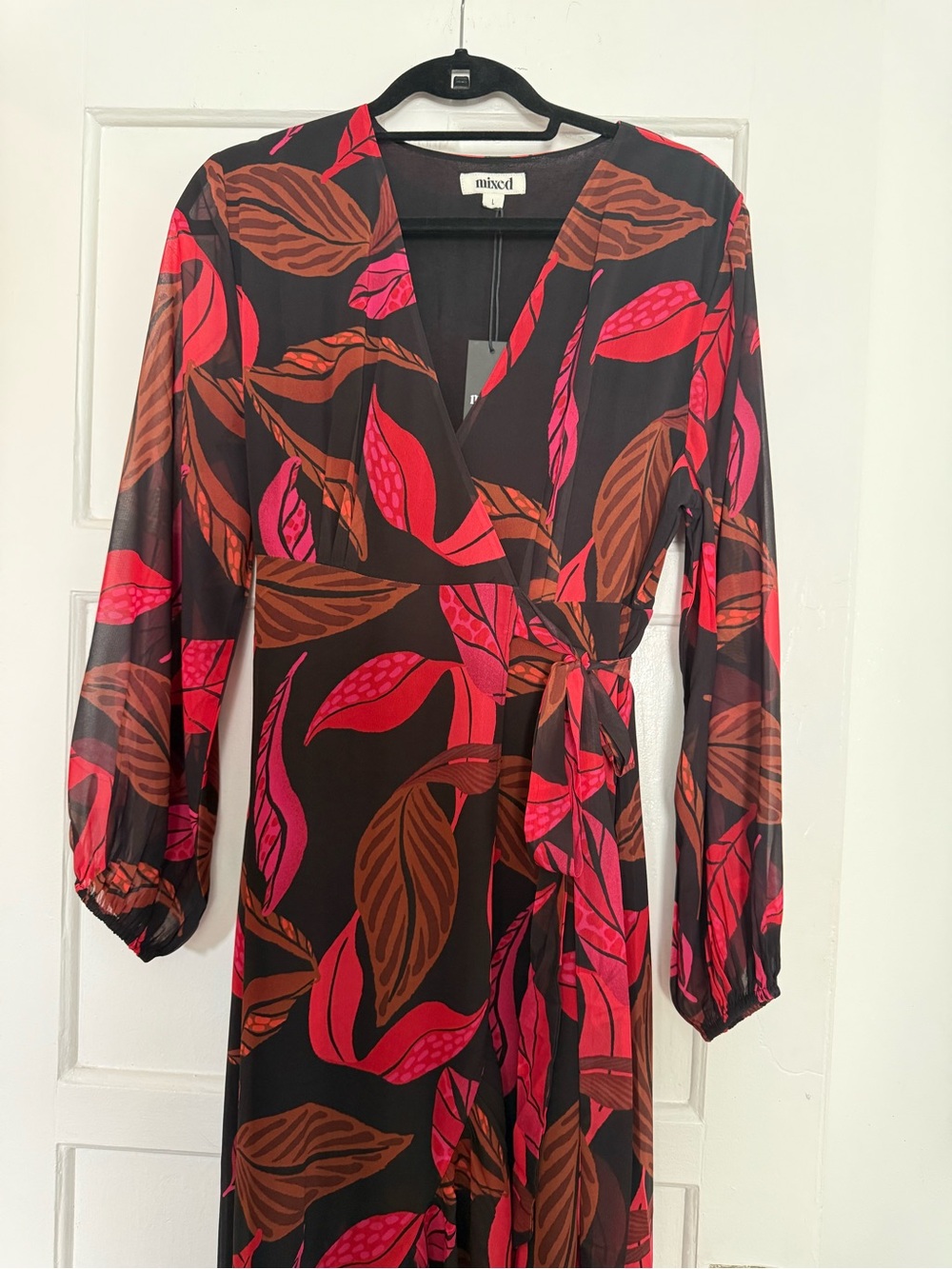 Mixed Floral Wrap Dress in Black with Pink & Brown Leaf Print by mixed